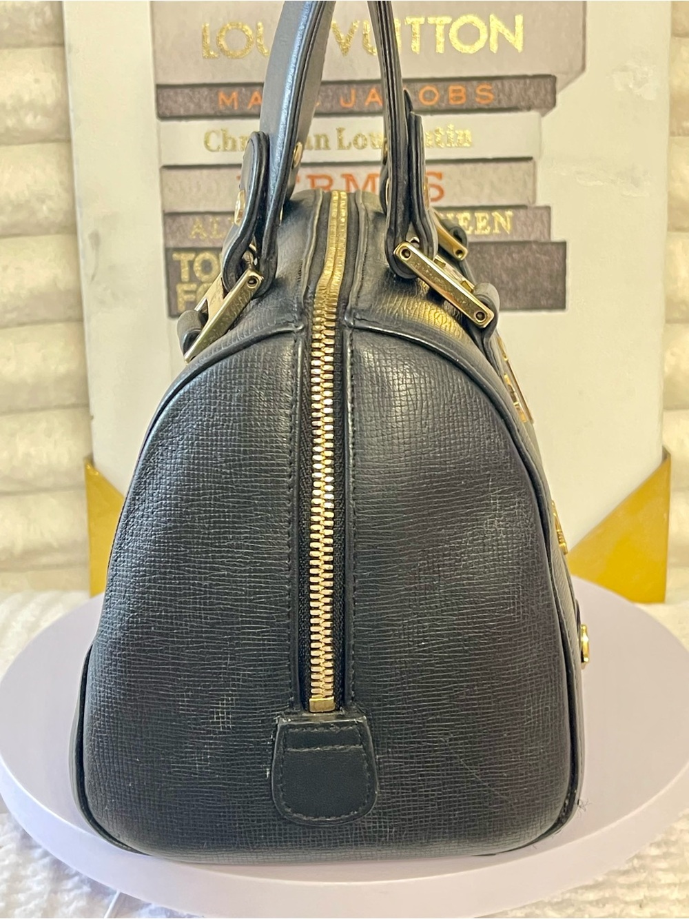 MCM Black Leather Boston Satchel with Gold Hardware EUC - Picture 6 of 11